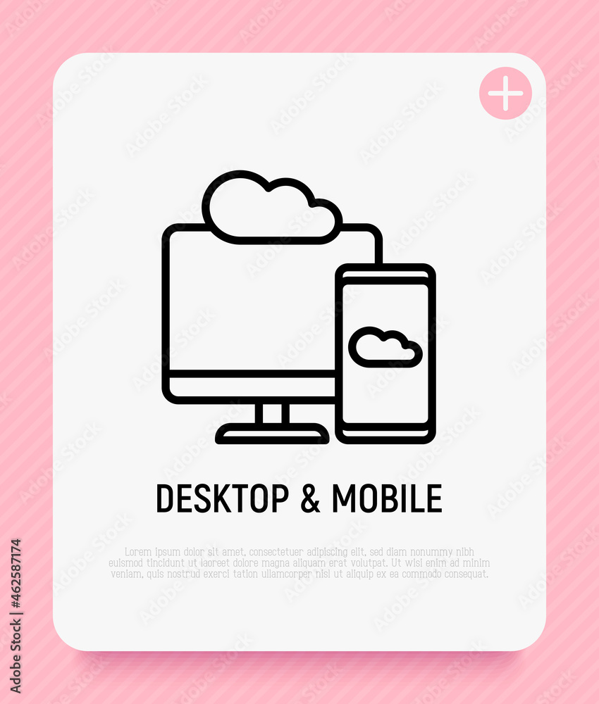 Sticker cloud computing thin line icon, smartphone sync with desktop. modern vector illustration.