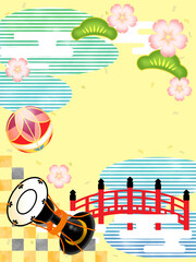 鼓、毬、桜、松、朱塗りの橋、池、雲の和柄フレーム（縦）
