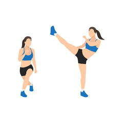 Woman doing Curtsy lunge side kick exercise. Flat vector illustration isolated on white background