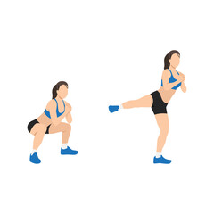 Woman doing Squat side kick exercise. Flat vector illustration isolated on white background - obrazy, fototapety, plakaty