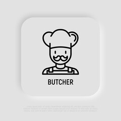 Butcher with mustache and hat thin line icon. Modern vector illustration.