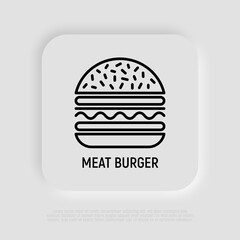 Meat burger thin line icon. Modern vector illustration of fast food.