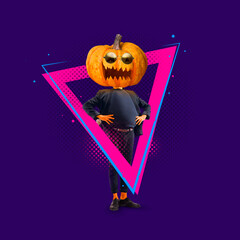 Contemporary art collage. Ideas, inspiration, magic. Young man headed of Halloween pumpkin on...