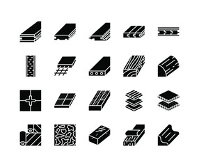 Floor repair material flat line icons set. Consist of Wood, tile, stone, pvc, vinyl. Simple flat vector illustration for web site or mobile app