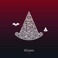 Abstract maze hat. Game for children and parents. Puzzle for kids. Labyrinth conundrum. Flat vector illustration isolated on dark red background. One Entrance, One Exit. Cartoon style.