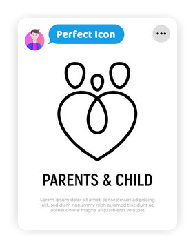 Family, two parents and child symbol. Adoption, parenting logo in heart shape. Modern vector illustration.
