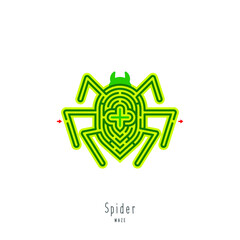Abstract maze spider. Game for children and parents. Puzzle for kids. Labyrinth conundrum. Flat vector illustration isolated on white background. One Entrance, One Exit. Cartoon style.