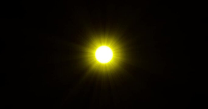 Yellow sun star rays lights optical lens flares shiny animation on black transparent background. Looping realistic animation with Alpha transparent background for easy use in your video