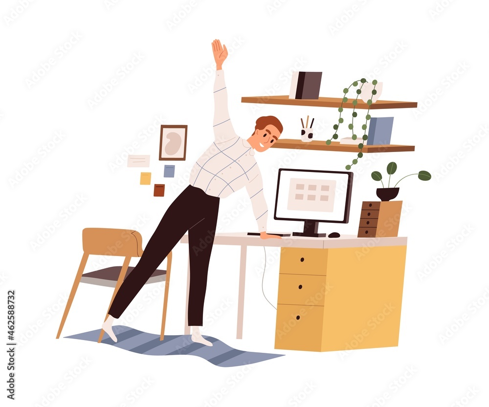 Poster person doing exercises and stretching body during break after work with computer at desk. healthy li