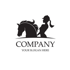 monochrome icon of horse head and woman isolated on white background