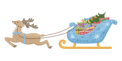 Cute Christmas illustration depicting Santa s reindeer harnessed to a sleigh with gifts and a Christmas tree. Blue Santa Claus sleigh decorated with snowflakes. Greeting card, vector illustration