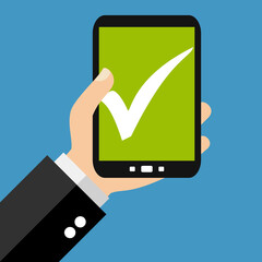 Fertig, geschafft oder erledigt - Hand mit Smartphone