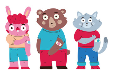 Vaccination vector cartoon concept illustration with cute animals characters isolated on a white background.
