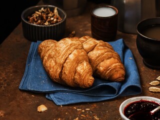 French breakfast. Freshly baked croissants, a cup of coffee, jam and nuts on an aged rusty background. Dark style still life concept with copy space. 
