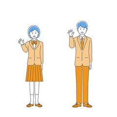 笑顔で手を振る制服姿の学生・男女　3色