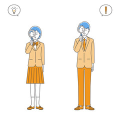 虫眼鏡をのぞく制服姿の学生・男女　3色