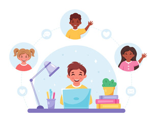 Children communicating online. Video call with friends, chatting online. Online studying, distance learning. Vector illustration