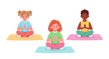 Children of different nationalities meditating in lotus pose. Gymnastic, yoga and meditation for children. Vector illustration