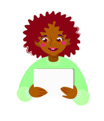 Happy child holding a blank billboard. Isolated portrait..Little girl holding blank poster campaigning and promoting