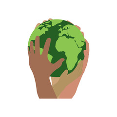 Group raised human arms and hands holding together the green world. Justice and no racism, world environment day, social and environmental justice concept. 
