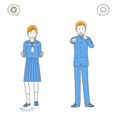 怒っている制服姿の学生・男女　3色