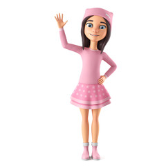 Cartoon character cheerful little girl in pink clothes waving her palm, greeting friends, showing friendly sign.