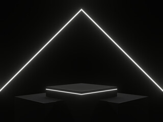 3D black podium with white neon lights
