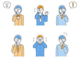 虫眼鏡をのぞく制服姿の学生・男女上半身セット　3色