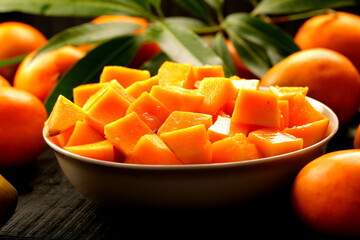 Delicious and healthy fresh sweet  Indian Alphonso mango slices.
