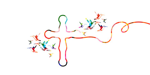 Christian cross with hummingbirds isolated vector illustration. Religion themed background. Design for Christianity, prayer and care, church service, communion, charity, help and support © abstract