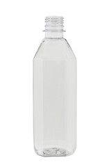 Transparent, plastic, empty beverage bottle. Long shape, isolated on a white background.