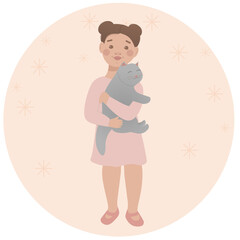 Cute little girl with a cat. Vector illustration.