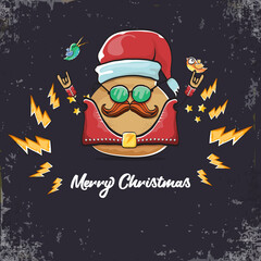 Fototapeta premium vector rock star santa potato funny cartoon cute character with with red santa hat and calligraphic christmas text isolated on grey background. rock n roll christmas party poster