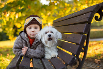Happy child, playing in autumn park with his pet dog, maltese puppy on sunset