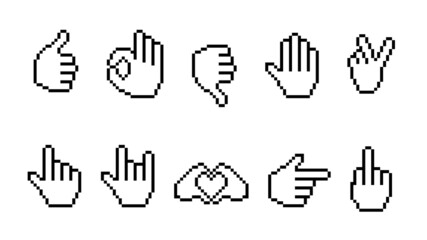 Pixel hand signs. Ok and heart symbol showing middle finger and goat rock sign approval and denial gesture palm raised warning symbolism and different vector directions indicated