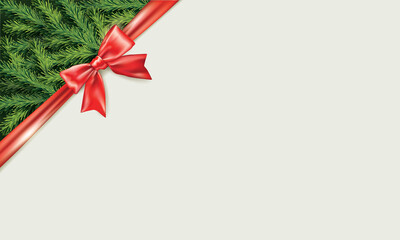 New Year and Christmas promotion banner with xmas tree and red ribbon bow decoration. Christmas marketing background with text space