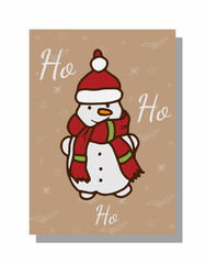 Christmas card with a snowman, be happy. Vector illustration hand drawing in doodle style. Cute snowman. Invitation, banner.
