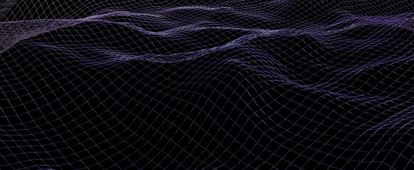 Dark mesh waves neon with flares of background. Glow grid purple water 3d render splashes with blue glow of urban futuristic city lights. Simple shimmer with reflections of synthwave electro effects