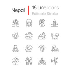 Fototapeta na wymiar Nepal cultural heritage linear icons set. Religious festivals. Tourist attractions. Mountaineering. Customizable thin line contour symbols. Isolated vector outline illustrations. Editable stroke