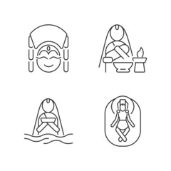 Nepal spiritual heritage linear icons set. Kumari living goddess. Baby naming tradition. Vishnu shrine. Customizable thin line contour symbols. Isolated vector outline illustrations. Editable stroke