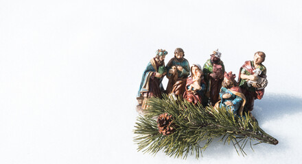christmas holy family nativity figures green coniferous tree