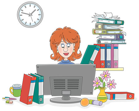 Cute young woman sitting at her desk with documents in folders and working at a desktop computer in an office of a human resources department, vector cartoon illustration isolated on white