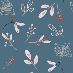 Christmas seamless pattern with berries and twigs. Creative Scandinavian background for wallpaper, clothing, packaging invitations, posters. Holiday winter decoration background.