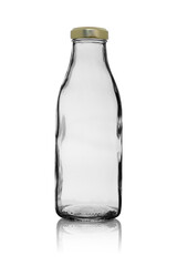 Empty, transparent glass bottle, closed with a metal lid. Isolated on a white background with reflection