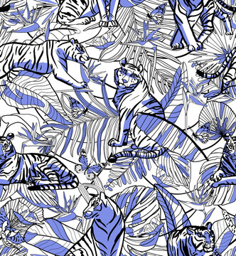 Seamless vector painting wallpaper plants  tropic summer palm leaves with tiger pattern in trendy blue style on white background