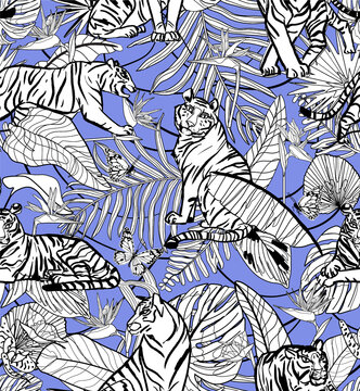 Tigers vector illustration with tropic leaves and butterflies on blue background. Trendy seamless pattern that can be used for wrapping, wallpaper, fabric, texture and interior design. © smile_flower