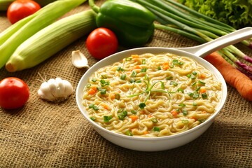 Spicy noodle soup with exotic spices and herbs,