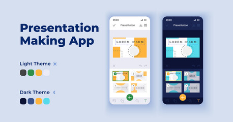 Presentation making cartoon smartphone interface vector templates set. Mobile app screen page day and dark mode design. Information organization manager UI for application. Phone display