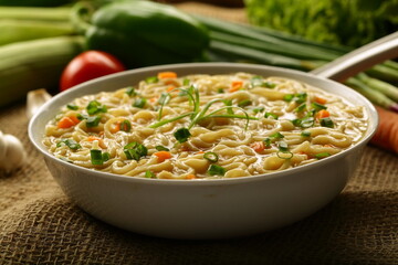 Spicy noodle soup with exotic spices and herbs,