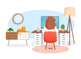 Woman freelancer, manager sits at a desk working at home at a computer. Back view of the girl. Remote work, office at home, programming. Cozy working interior with a cat. Vector illustration